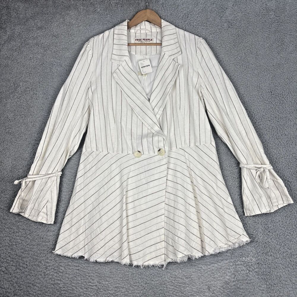 Free People Stella Double Breasted Fray Hem Stripe Linen Blazer in Off White L